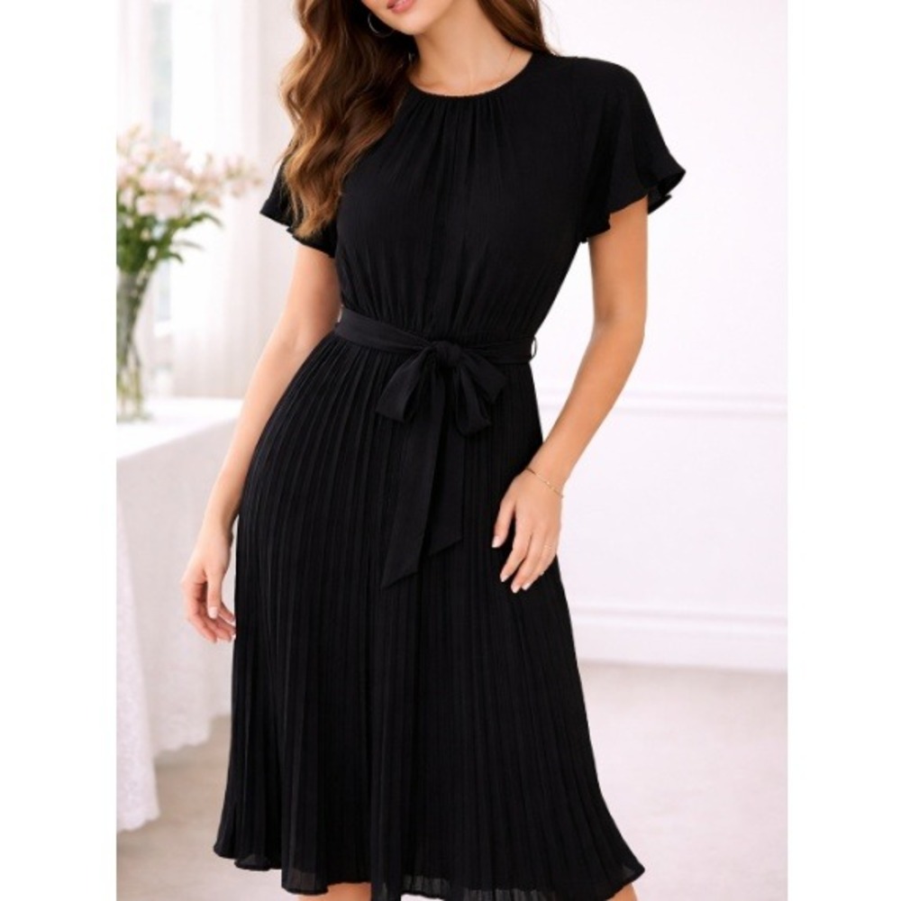 Calvin Klein Women's Black Flutter Sleeve Pleated Tie Waist Dress Size 4‎ NWT